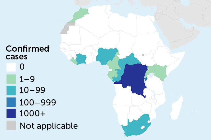 A map of Africa shows the number of confirmed mpox cases from January 2024 to September 2024. The Democratic Republic of Congo has the most cases, with 1000+ shown in the chart. Surrounding countries have reported between 0 and 99 confirmed cases